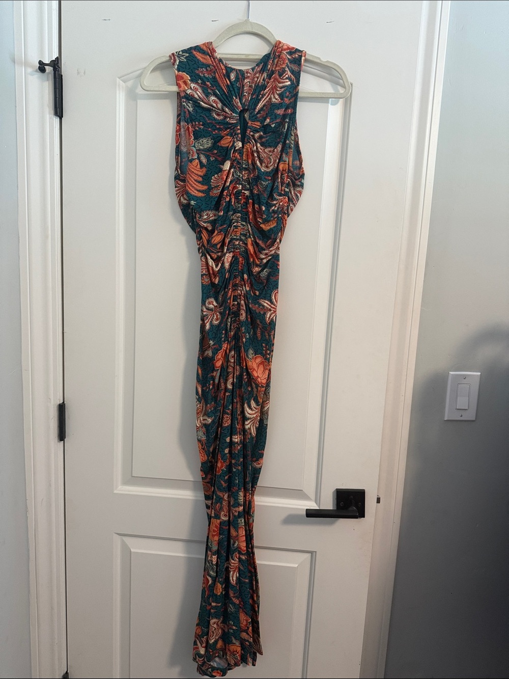 Ulla Johnson Teal Floral Midi Dress with Orange and Cream Accents